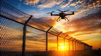 Surveillance Drone Flying over Security Fence at Sunset, employing cuttingedge tech for border control and monitoring.