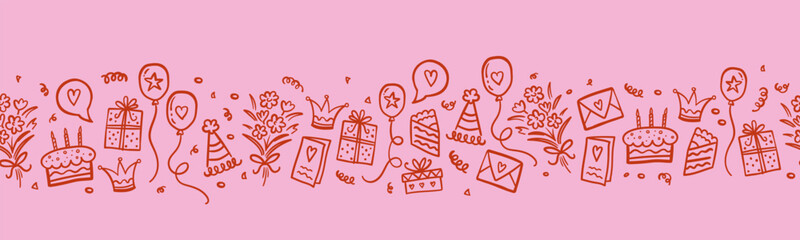 Fun hand drawn party seamless background with cakes, gift boxes, balloons and party decoration. Great for birthday parties, textiles, banners, wallpapers, wrapping - vector design