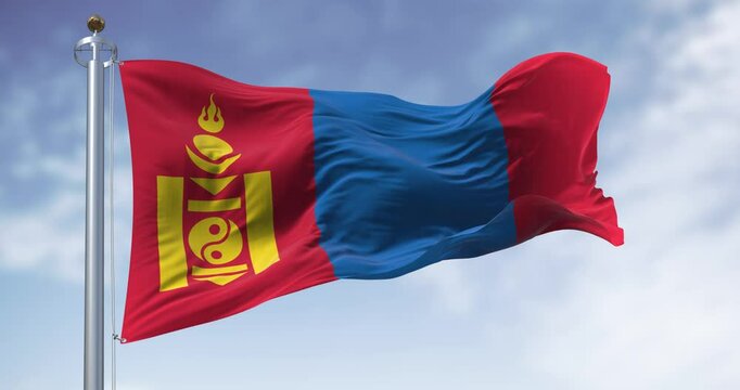 Mongolia national flag waving in the wind on a clear day