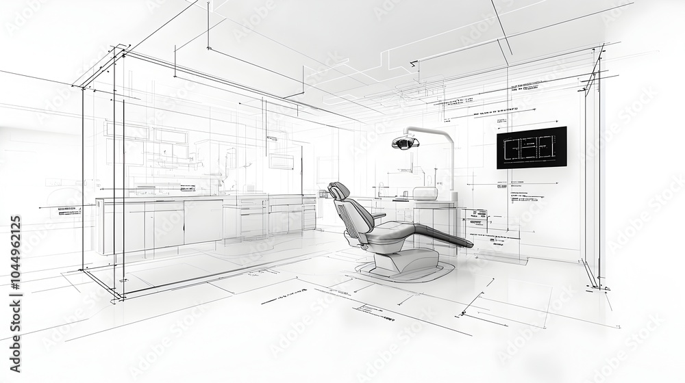 Poster a black and white sketch of a contemporary dental office featuring abstract high tech design element