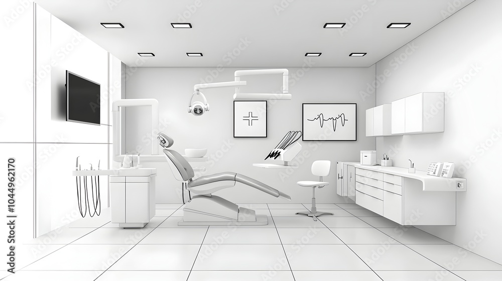 Poster a black and white sketch depicting the interior of a modern high tech dental office featuring clean 