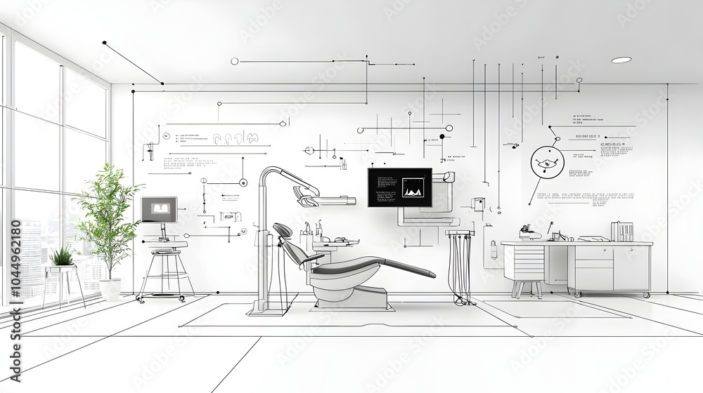 Poster modern black and white sketch of sleek dentist office featuring abstract technology elements and cle
