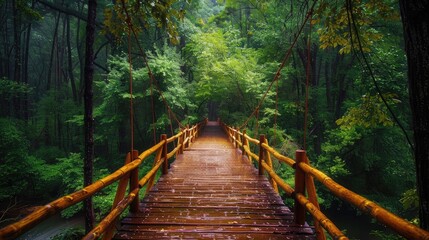 Obraz premium Wooden bridge walkway in to the rain forest