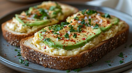 Two slices of toast topped with mashed avocado, sprinkled with salt, pepper, paprika and parsley.