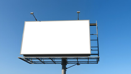 Mockup Large white blank billboard or white promotion poster displayed on the outdoor against the blue sky background. Promotion information for marketing announcements and details isolated with whi