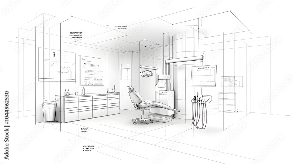 Poster sleek and futuristic dental clinic in sketch style with abstract technology and modern medical equip