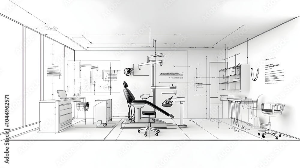 Poster sketch of a modern futuristic dentist office in a clean minimalist black and white color scheme feat