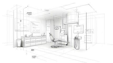 Fototapeta premium Sleek and Futuristic Dental Clinic in Sketch Style with Abstract Technology and Modern Medical Equipment Creating a Clean and Professional Healthcare Atmosphere