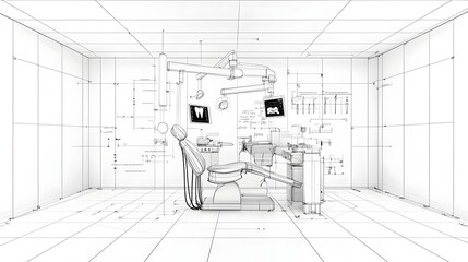 Minimalist sketch of a clean and modern dental clinic interior with abstract technological elements and medical equipment creating a futuristic and professional atmosphere for healthcare services