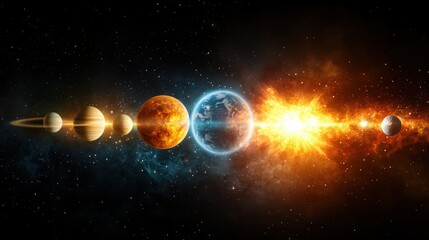 Obraz premium A solar system with pastel-colored planets, orbiting a distant star, surrounded by nebulae and comets.