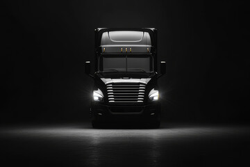 Black semi-trailer truck standing in the dark with headlights on