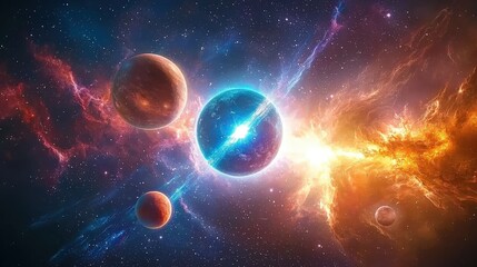 Obraz premium A solar system with pastel-colored planets, orbiting a distant star, surrounded by nebulae and comets.