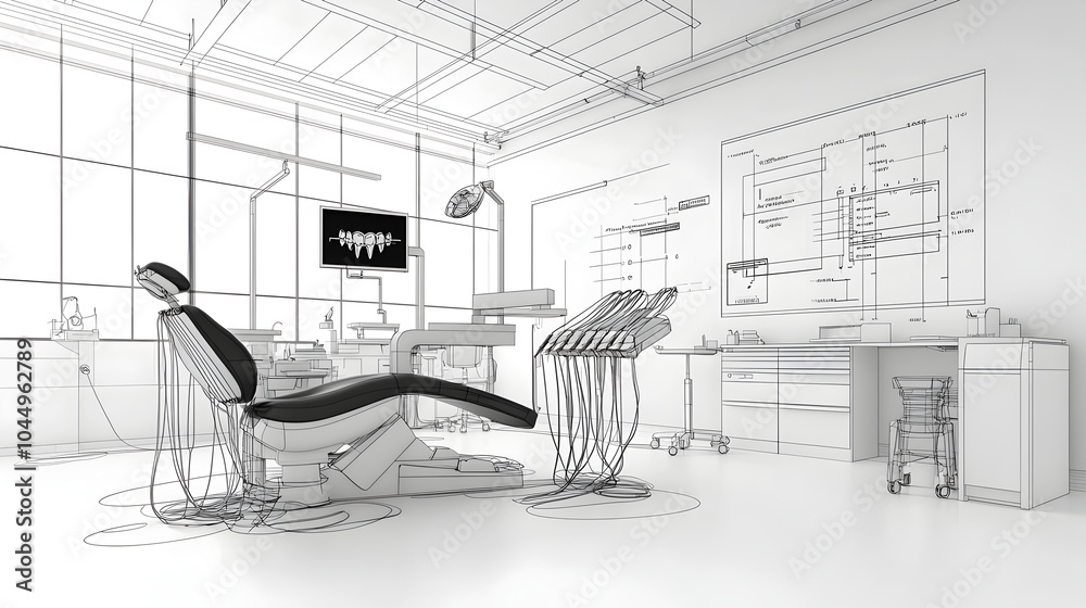 Poster Minimalist depicting a modern high tech dental clinic with an abstract technologically advanced design featuring clean lines geometric shapes and a monochrome black and white color scheme