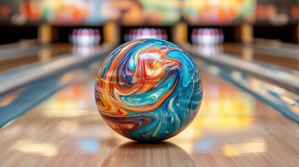 Bowling ball on lane with blurred pins and vibrant background. Depth of field photography in a lively bowling alley. Sports and recreation concept.