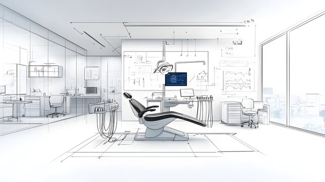 Minimalist Black and White Sketched of a Modern Dentist Office Interior with Abstract Technology Motifs and Futuristic Dental Equipment Creating a Clean and Professional Clinic Environment
