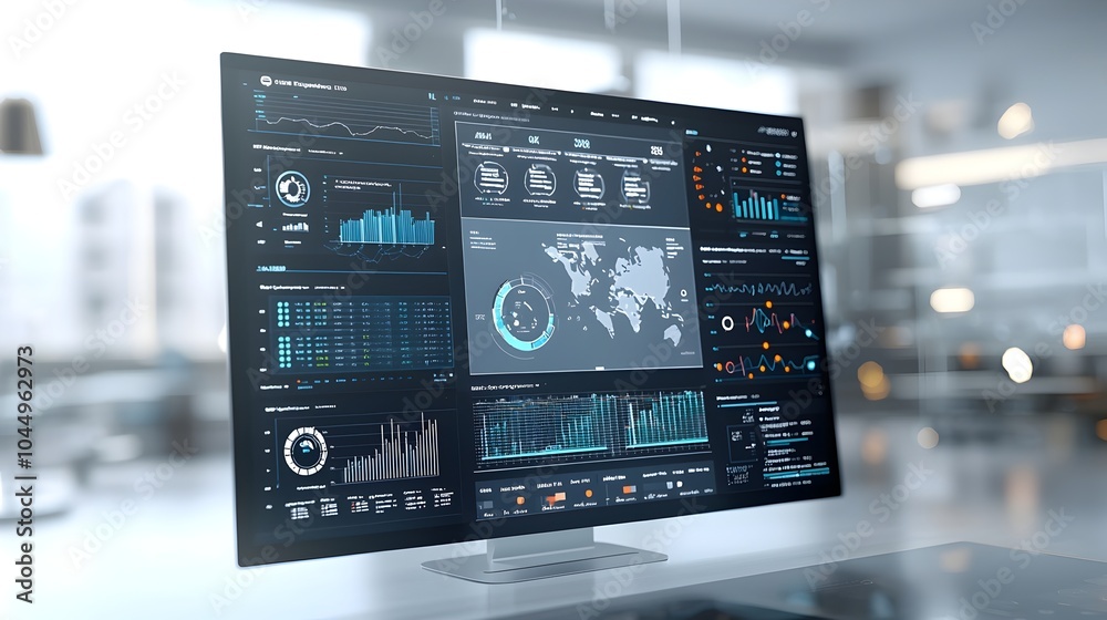 Fototapete Interactive business intelligence dashboard showcasing real time data analysis and insights on a virtual platform with abstract 3D technology visuals