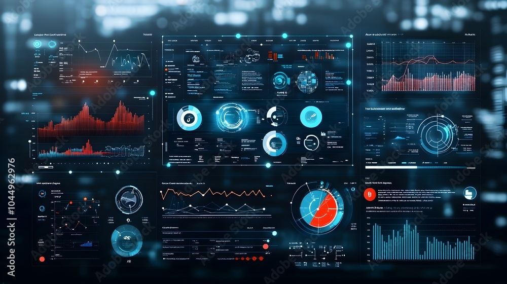 Aufkleber Sophisticated Business Intelligence Dashboard Showcasing Virtual 3D Data Visualization and Abstract Technology Elements to Highlight Key Insights and Metrics for Informed Decision Making