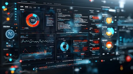 Futuristic Business Intelligence Analyst Dashboard with 3D Data Visualization and Abstract Technology Elements Showcasing Key Insights and Metrics for Strategic Decision Making