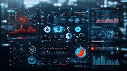Obraz premium Sophisticated Business Intelligence Dashboard Showcasing Virtual 3D Data Visualization and Abstract Technology Elements to Highlight Key Insights and Metrics for Informed Decision Making
