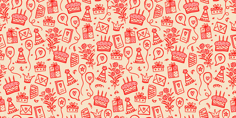 Fun hand drawn party seamless background with cakes, gift boxes, balloons and party decoration. Great for birthday parties, textiles, banners, wallpapers, wrapping - vector design