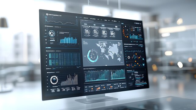 Interactive business intelligence dashboard showcasing real time data analysis and insights on a virtual platform with abstract 3D technology visuals