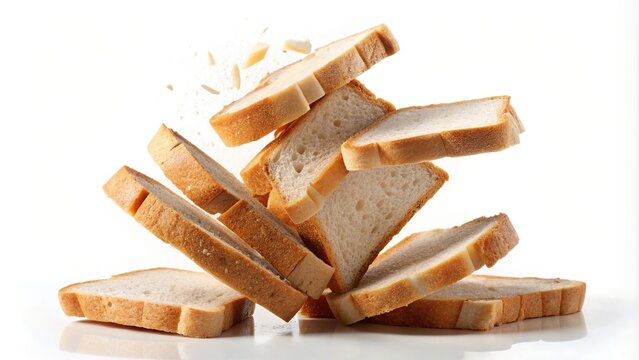 Slice of bread falling onto pile on white background in isolated tilted angle