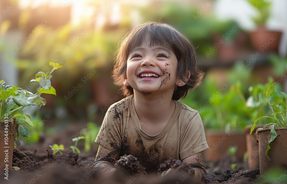 Wall mural a happy, smiling child is having fun in the backyard garden while playing with mud and dirt..