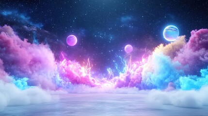 Fototapeta premium A starry sky filled with glowing pastel planets, surrounded by colorful clouds of space dust.