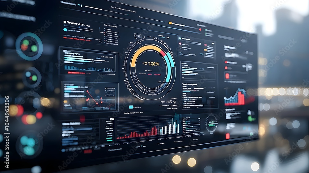 Fototapete Cutting edge Business Intelligence Dashboard Featuring Virtual Abstract Technology and 3D Data Elements for Enhanced Analytics and Visual Insights