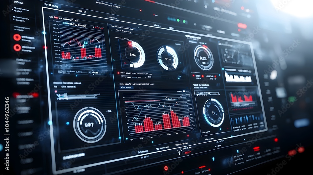 Poster Futuristic 3D virtual business intelligence dashboard with abstract technology interface highlighting data trends and performance metrics in a sleek modern design