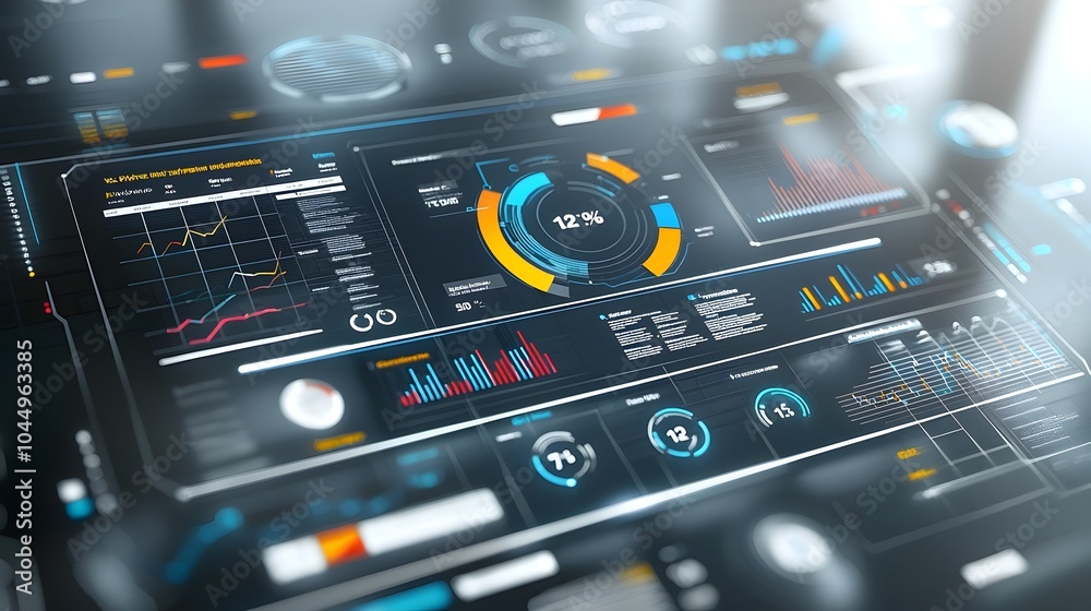 Poster Futuristic 3D Business Intelligence Dashboard Featuring Abstract Technology Interface and Presentation of Data Trends Performance Metrics and Analytics in a Cutting Edge Digital Design