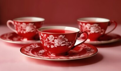 Fototapeta premium red cups and saucers with white flowers