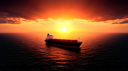 Naklejka premium A serene sunset scene featuring a lone ship sailing across the shimmering ocean waters, with vibrant orange and yellow hues illuminating the sky.