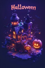 Haunted Halloween house with jack-o-lanterns, skull, and bats under a full moon, spooky and festive Halloween decorations, Ai Generation