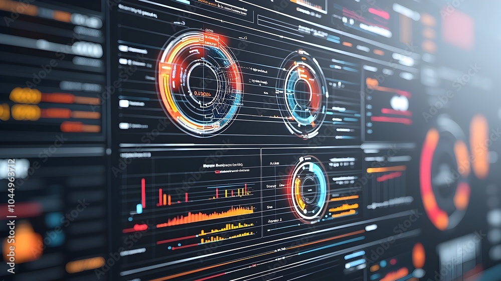 Poster Cutting edge business intelligence dashboard featuring immersive 3D virtual data groups and an abstract technology interface