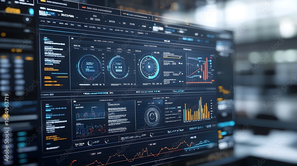 Aufkleber Sleek and Modern 3D Business Intelligence Data Dashboard with Abstract Technological Visuals Designed for Real Time Metrics Tracking and Insightful Data Analysis