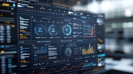 Fototapeta premium Sleek and Modern 3D Business Intelligence Data Dashboard with Abstract Technological Visuals Designed for Real Time Metrics Tracking and Insightful Data Analysis