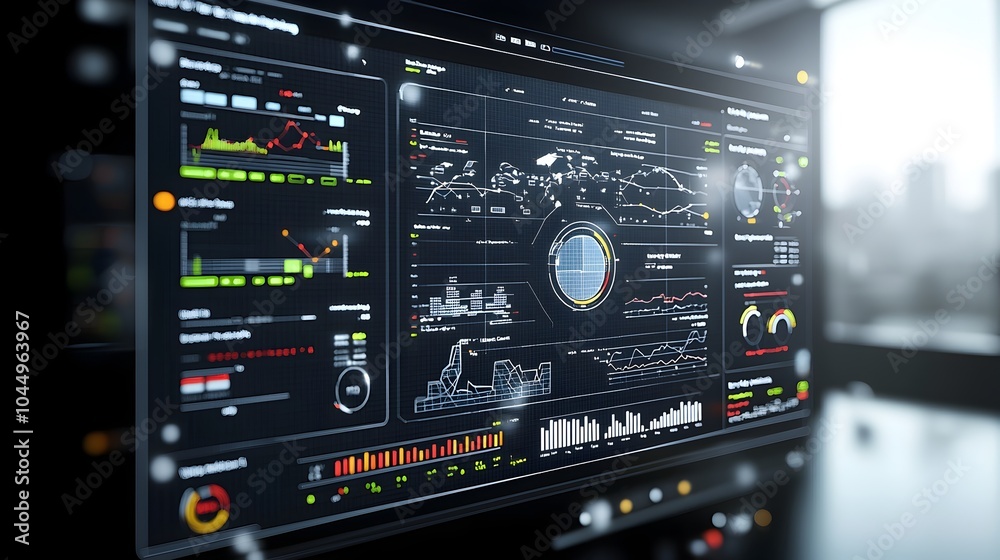 Poster Innovative 3D rendered business intelligence dashboard featuring abstract technology graphics and virtual data visualization tools providing deep insights into company performance financial trends