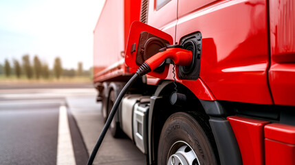 Naklejka premium A close-up of a red truck being refueled at a gas pump, showcasing the fuel nozzle connected to the truck's tank.