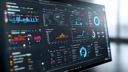 Futuristic 3D rendered business intelligence dashboard featuring abstract technology graphics and virtual data analysis offering valuable insights into business performance and strategy