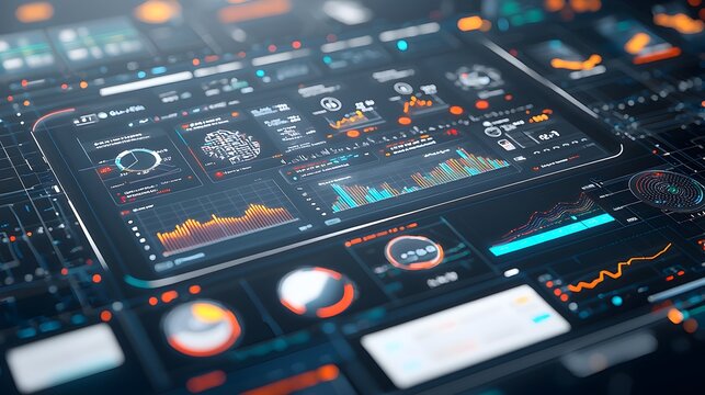 Sleek and Futuristic 3D Rendered Business Intelligence Dashboard Featuring Abstract Technology Graphics and Virtual Data Analysis Offering Insights into Business Performance