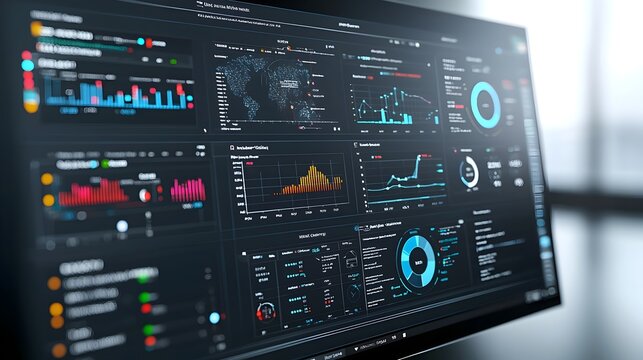 Futuristic 3D rendered business intelligence dashboard featuring abstract technology graphics and virtual data analysis offering valuable insights into business performance and strategy