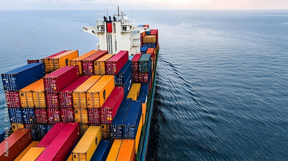 Leinwandbilder vibrant cargo vessel sailing through open waters with striking container stacks visible from a side 