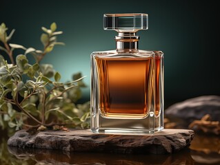 Minimalist product photography background with elegant square perfume bottle, high resolution, bright studio lighting, sharp shadows, clear glass, intricate details, black accents, soft gradient, beig