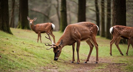 Wild deer grazing in forest glen background graceful deer peacefully grazing in a secluded forest glen