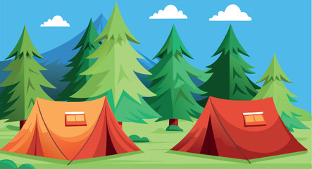 Camping tents surrounded by pine trees and mountains