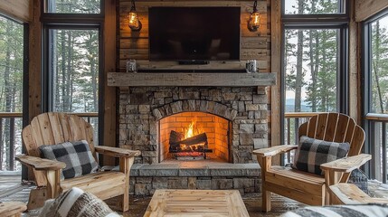 Fototapeta premium A stylish rustic living room with a mounted TV above a cozy brick fireplace, surrounded by comfortable wooden chairs and soft cushions for a perfect entertainment setting.