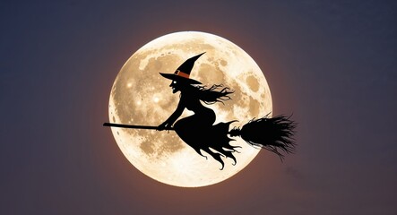 Fototapeta premium Witch flying on a broomstick against the moon background silhouetted witch soaring through the sky framed by a large glowing moon