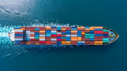 Aerial view of a colossal cargo ship gracefully navigating the deep blue ocean its deck meticulously aligned with a vast array of stacked cargo containers