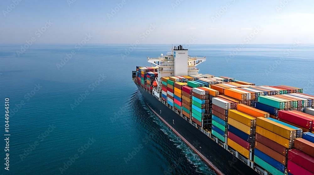 Aufkleber Aerial perspective showcasing a massive container ship navigating across the serene blue ocean with orderly stacks of multicolored cargo containers